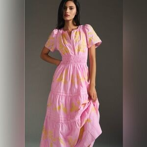 Anthropologie Pink and Yellow Embroidered Somerset Maxi Dress with pockets